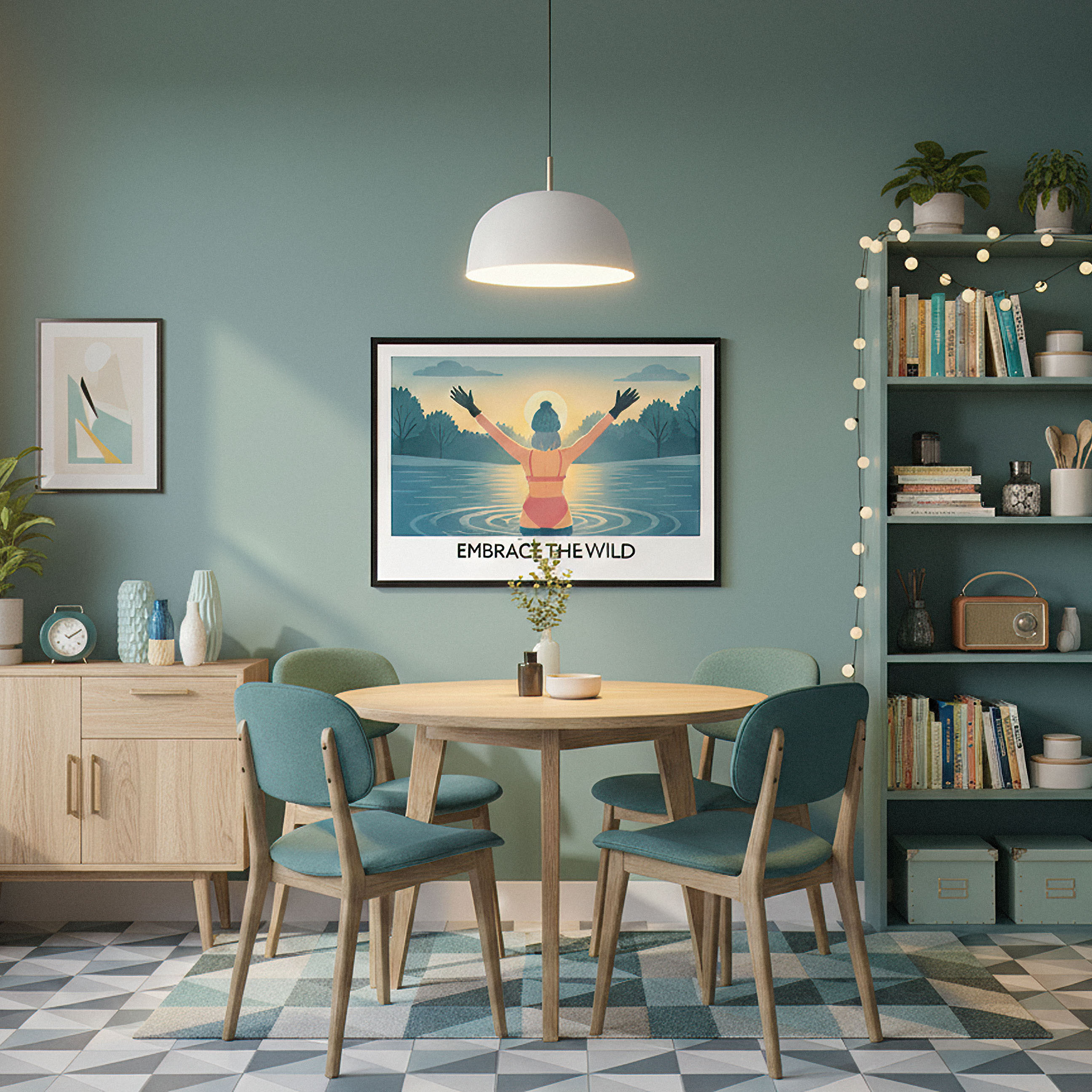 Embrace The Wild framed wild-swimming print styled in a dining room