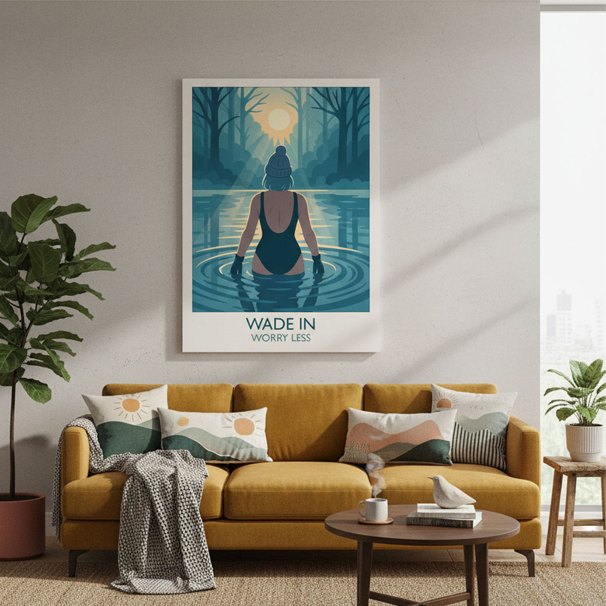 Wade In Worry Less poster above a sofa